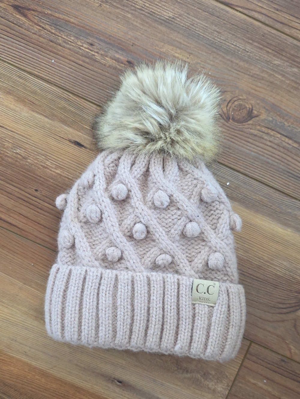CC Boutique Blush Knit Pom Beanie with Faux Fur